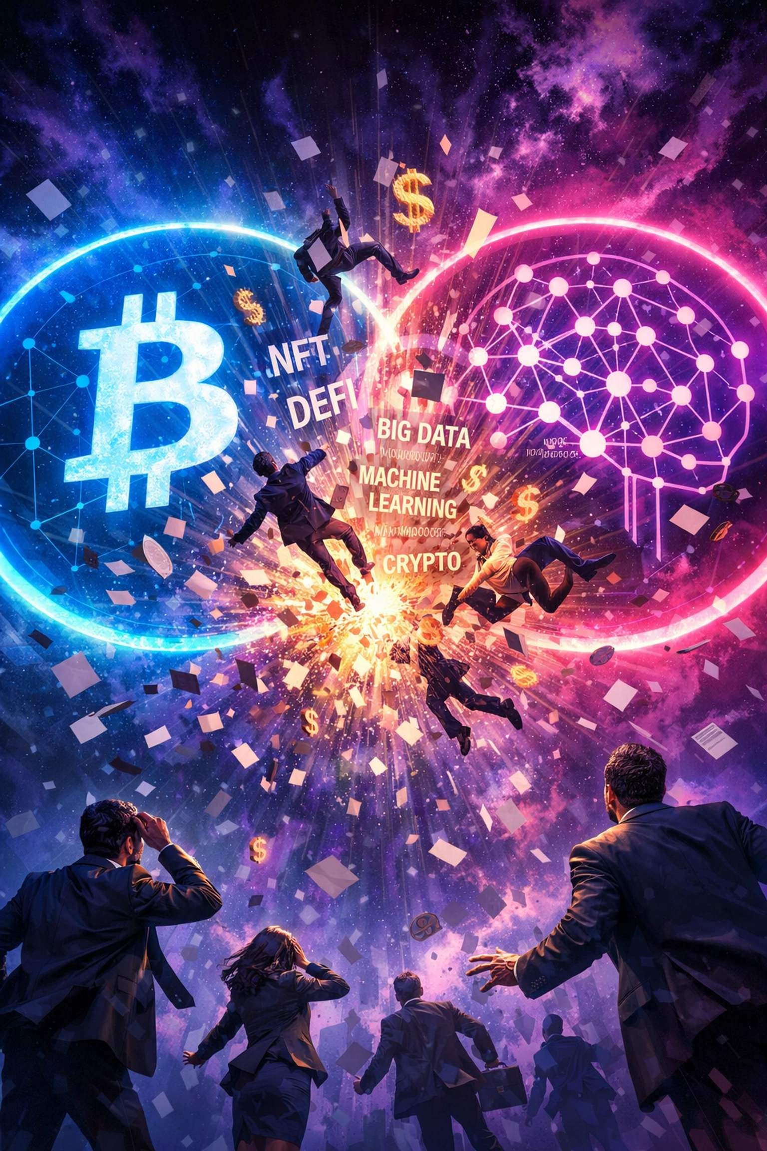 AI and blockchain convergence illustrated with overlapping technology buzzwords and confusion