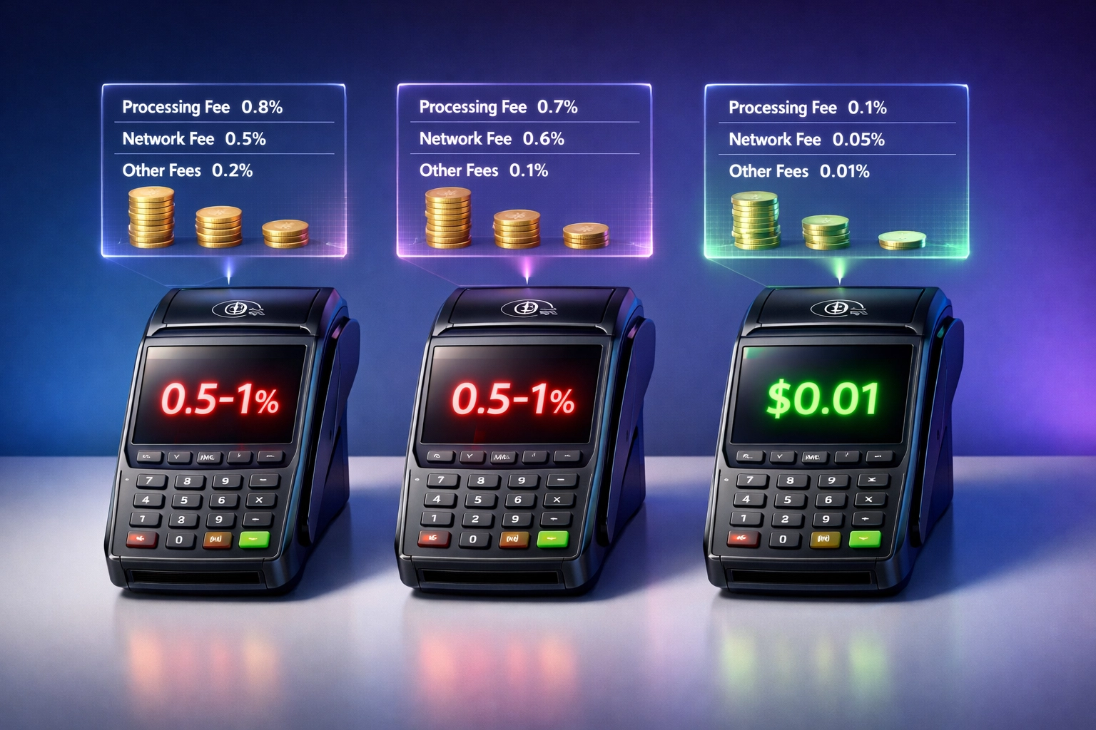 Crypto payment fee comparison showing NOWPayments and CoinPayments 0.5-1% fees vs Larecoin's penny gas costs