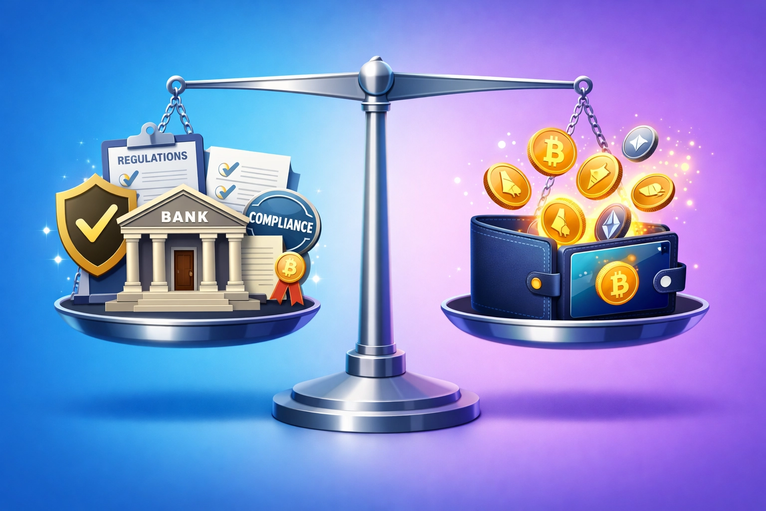 Balance scale showing regulatory compliance harmonized with self-custody crypto payment solutions