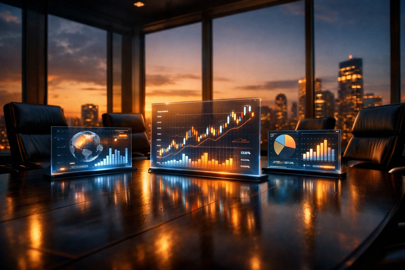 Modern boardroom with market data displays showcasing institutional investment strategy analysis