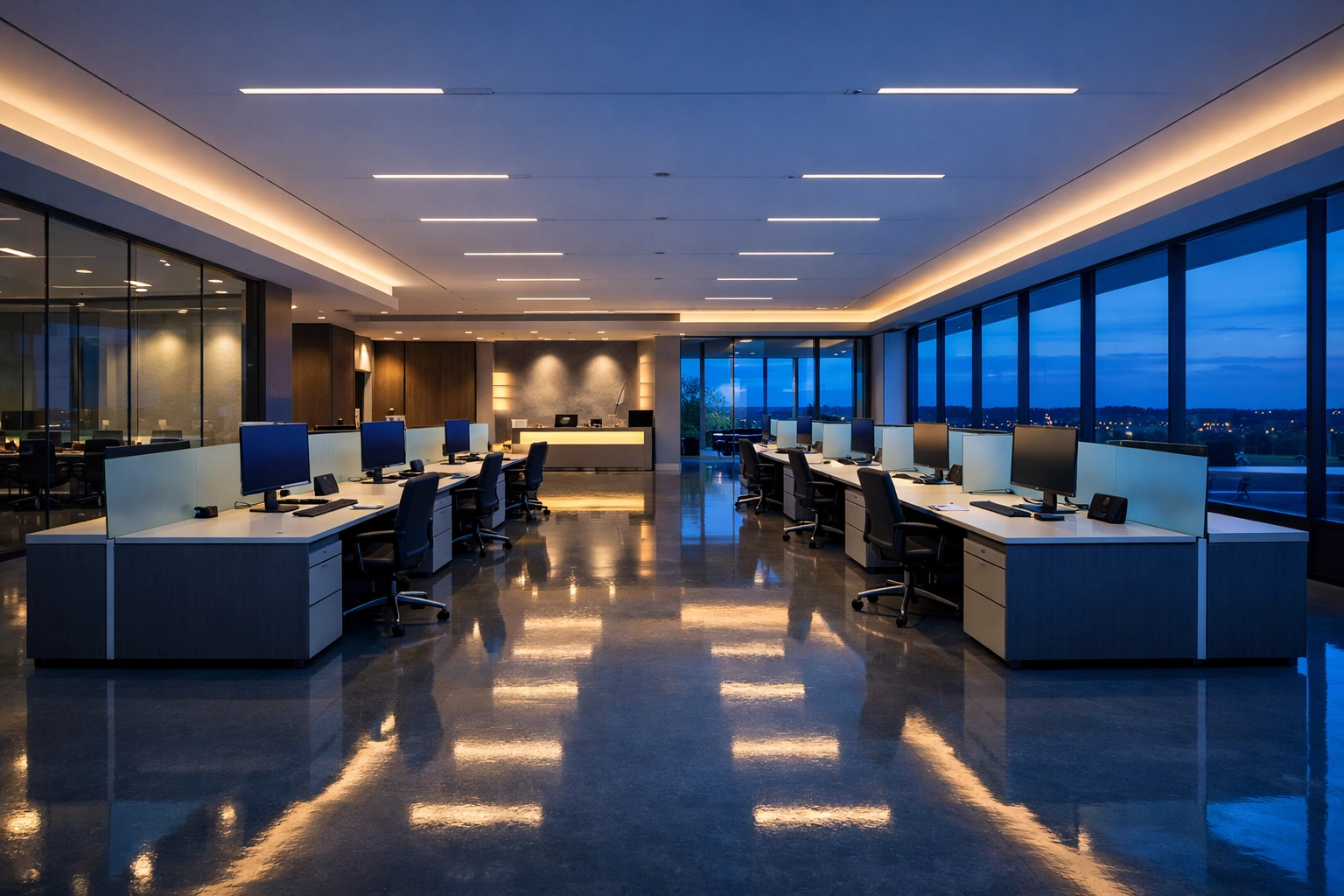 Pristine North Attleboro office space with polished floors showing professional janitorial results.