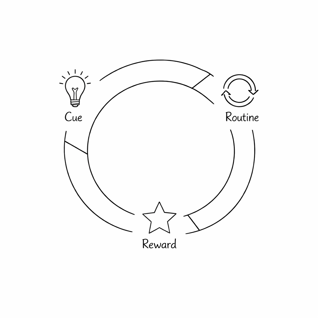 Circular habit loop diagram showing cue, routine, and reward cycle in customer marketing behavior