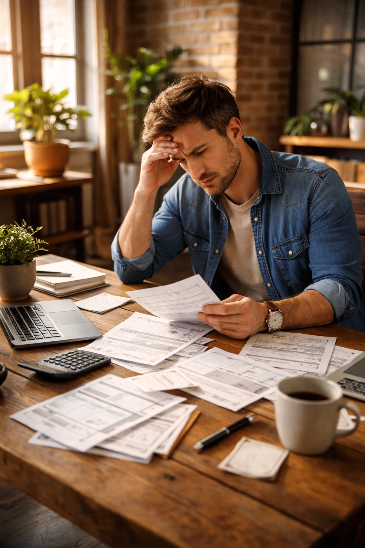 Small business owner reviewing invoices and paperwork at a desk, highlighting sales process challenges and lost revenue.