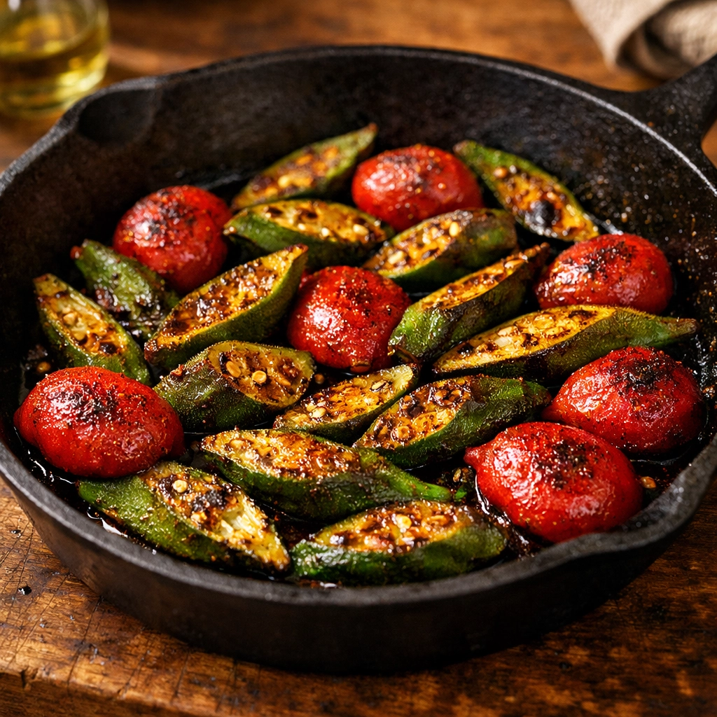 Charred okra and radishes seared to perfection in a seasoned black cast iron skillet.