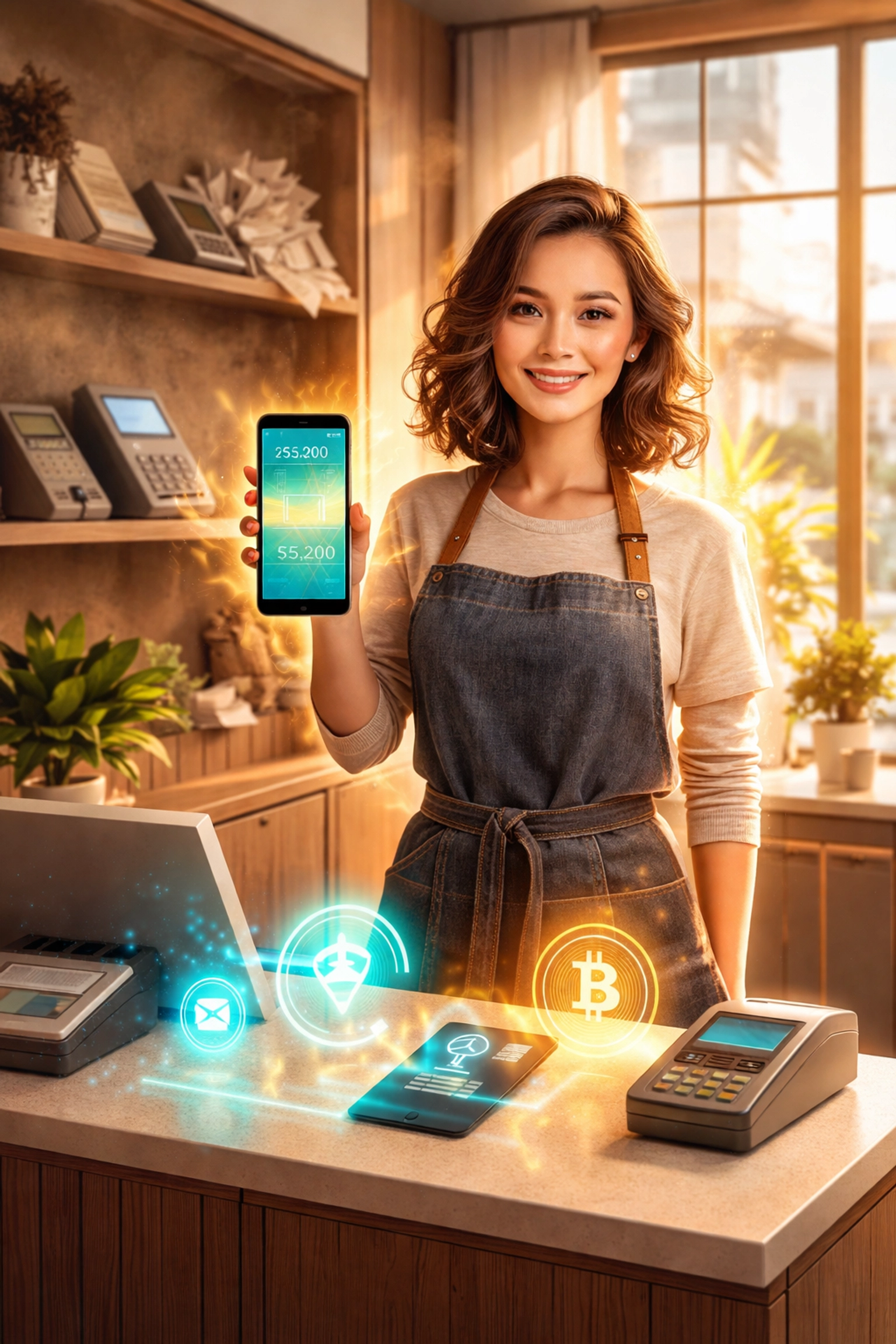 Confident merchant using digital wallet in a modern shop, illustrating easy setup of Larecoin crypto payment solution.