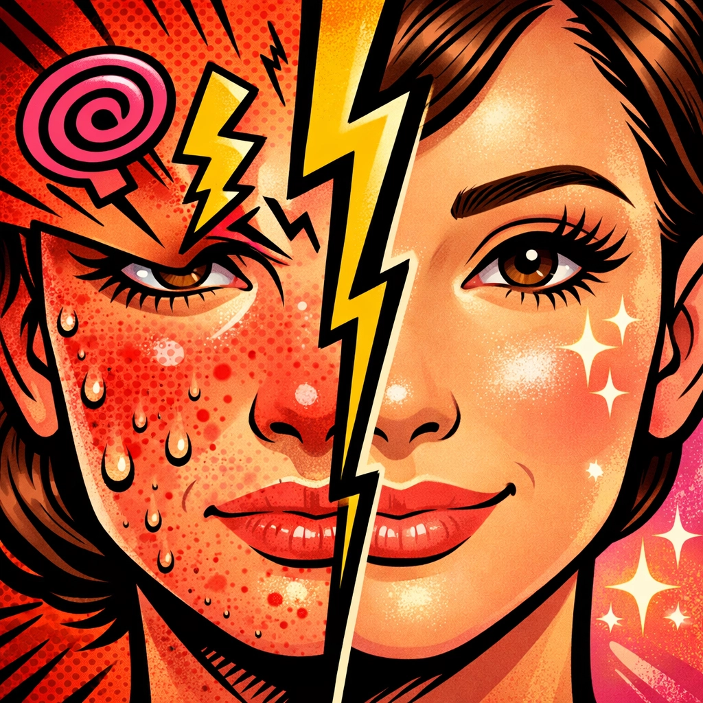 Comparison of stressed inflamed skin versus calm glowing bridal skin showing stress impact