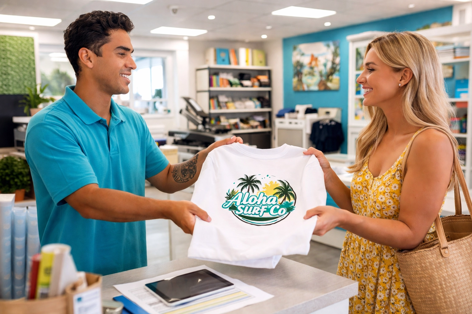 Kona print shop team member handing a finished custom t-shirt to a happy client, highlighting personal service