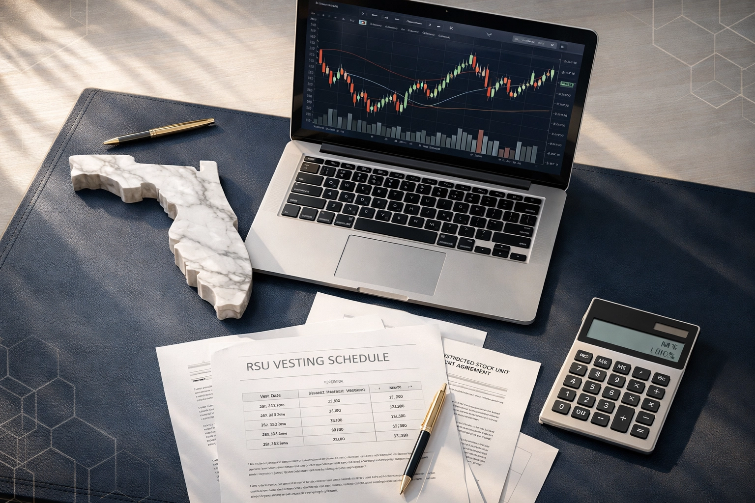 Executive desk with RSU vesting documents and stock charts for Florida wealth planning