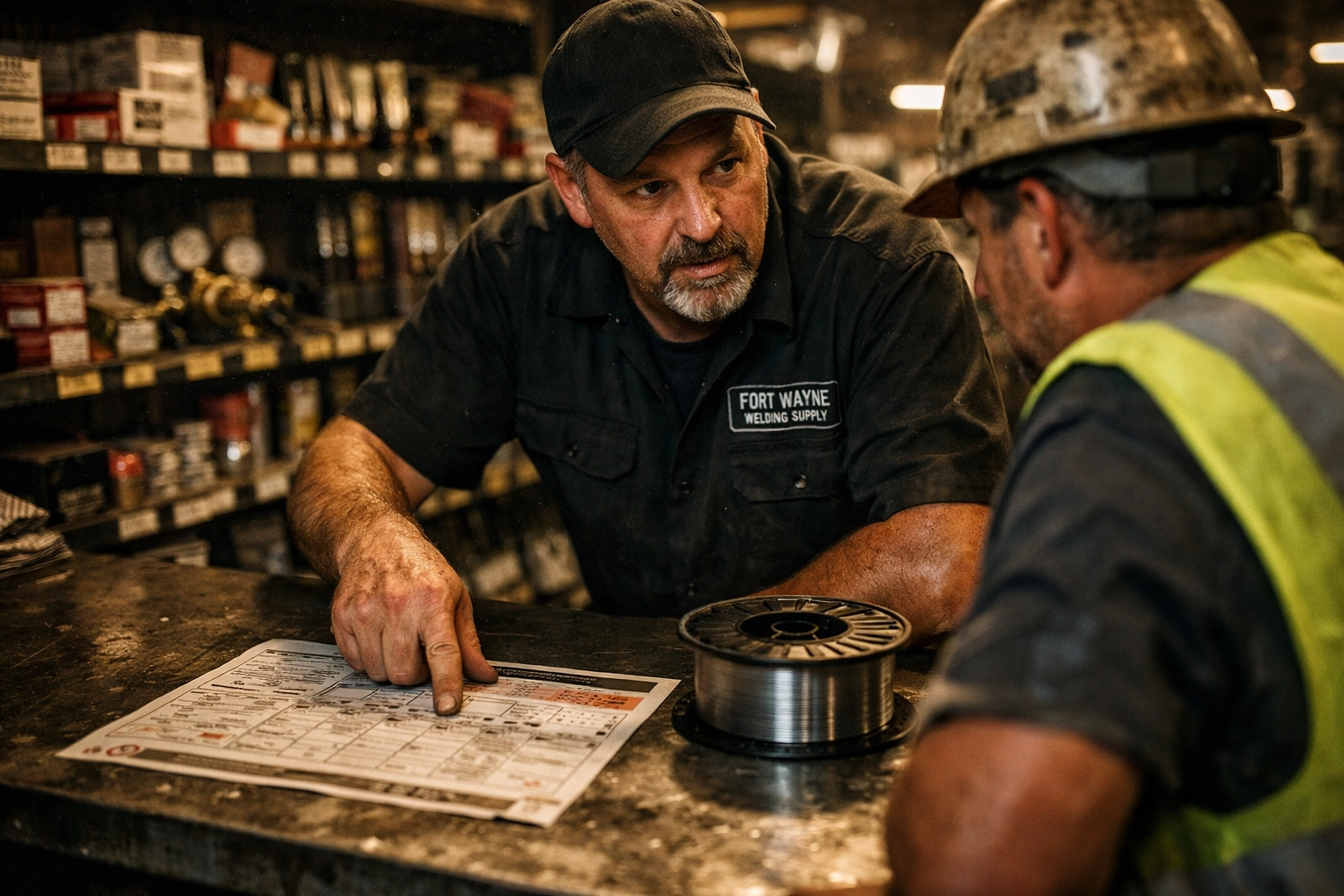 Welding supply Fort Wayne expert advising a contractor on MIG wire and equipment.