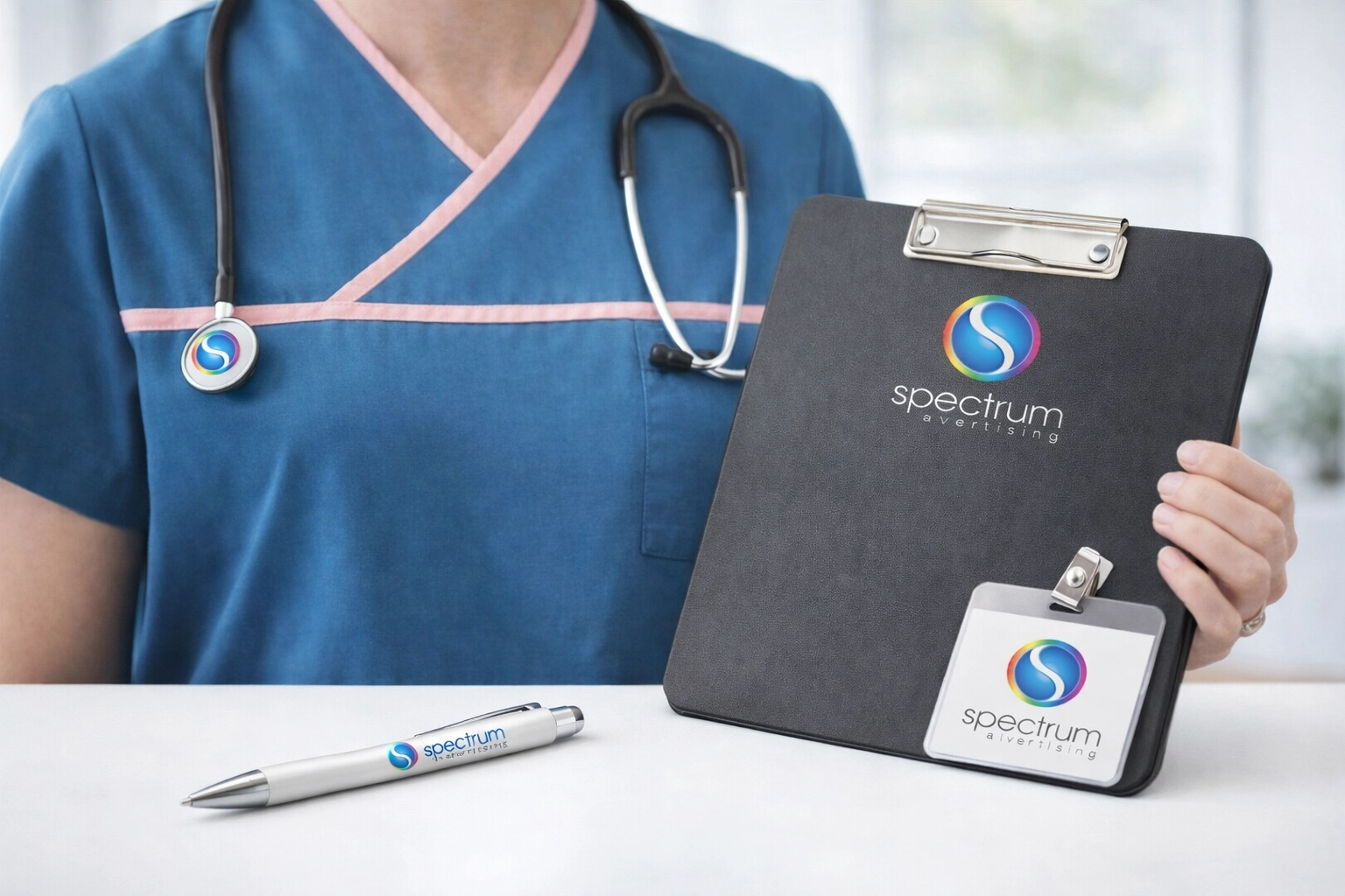 A medical professional wearing teal scrubs with pink trim uses a branded pen and clipboard, with a stethoscope around the neck, in a bright, modern office setting.