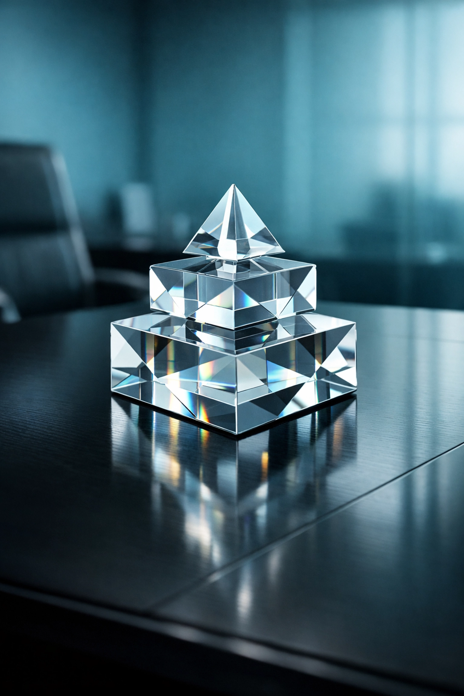 Interlocking glass sculpture representing a disciplined value-capture framework and executive organizational alignment.