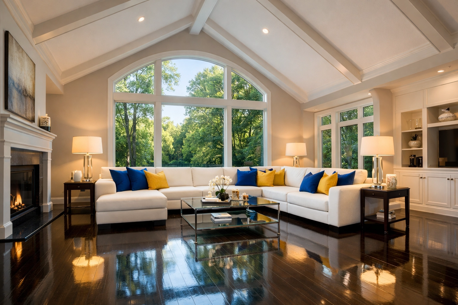 A perfectly clean Needham luxury living room with polished floors after residential cleaning services.