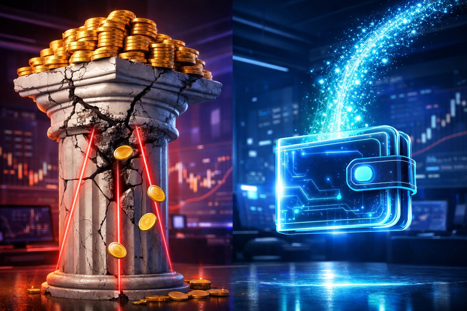 A digital wallet receiving low-cost Web3 transactions contrasting with heavy legacy financial fee structures.