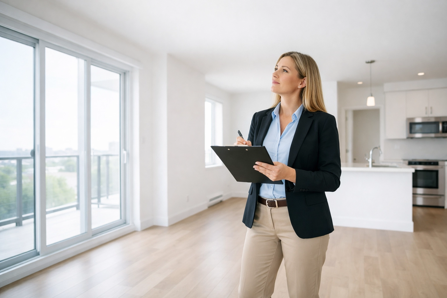Property manager conducting quality inspection of empty apartment unit during turnover