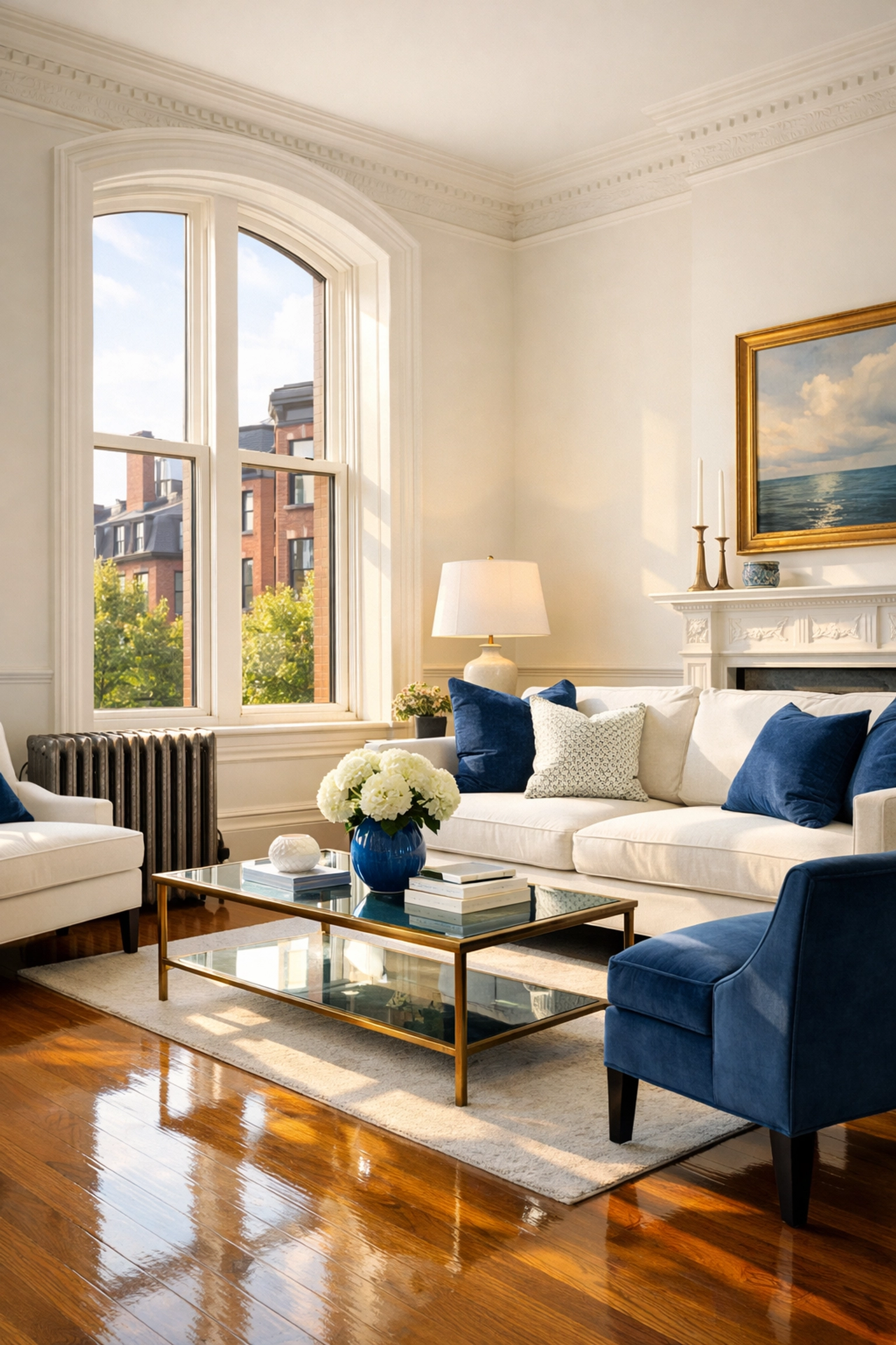 Pristine historic Boston living room showing air quality improvement from deep cleaning services.
