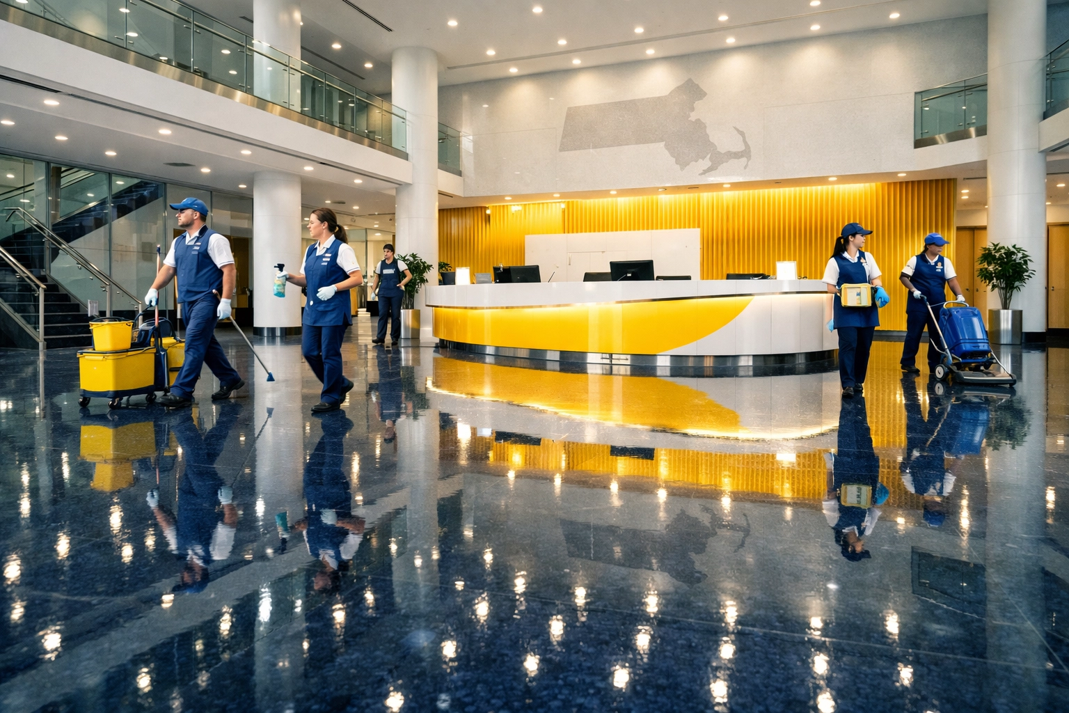 Sparkling clean corporate lobby floor maintained by professional janitorial services Massachusetts teams.