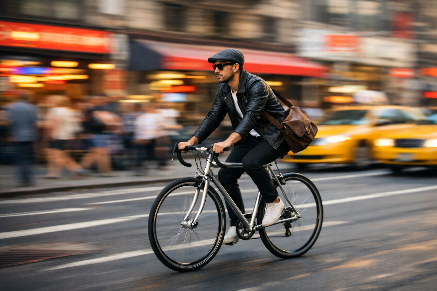 Motion blur panning shot of a cyclist, a dynamic street photography example for creative inspiration.