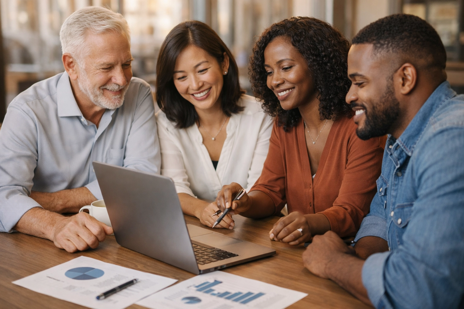 Small business owners reviewing tax planning strategies and financial projections together