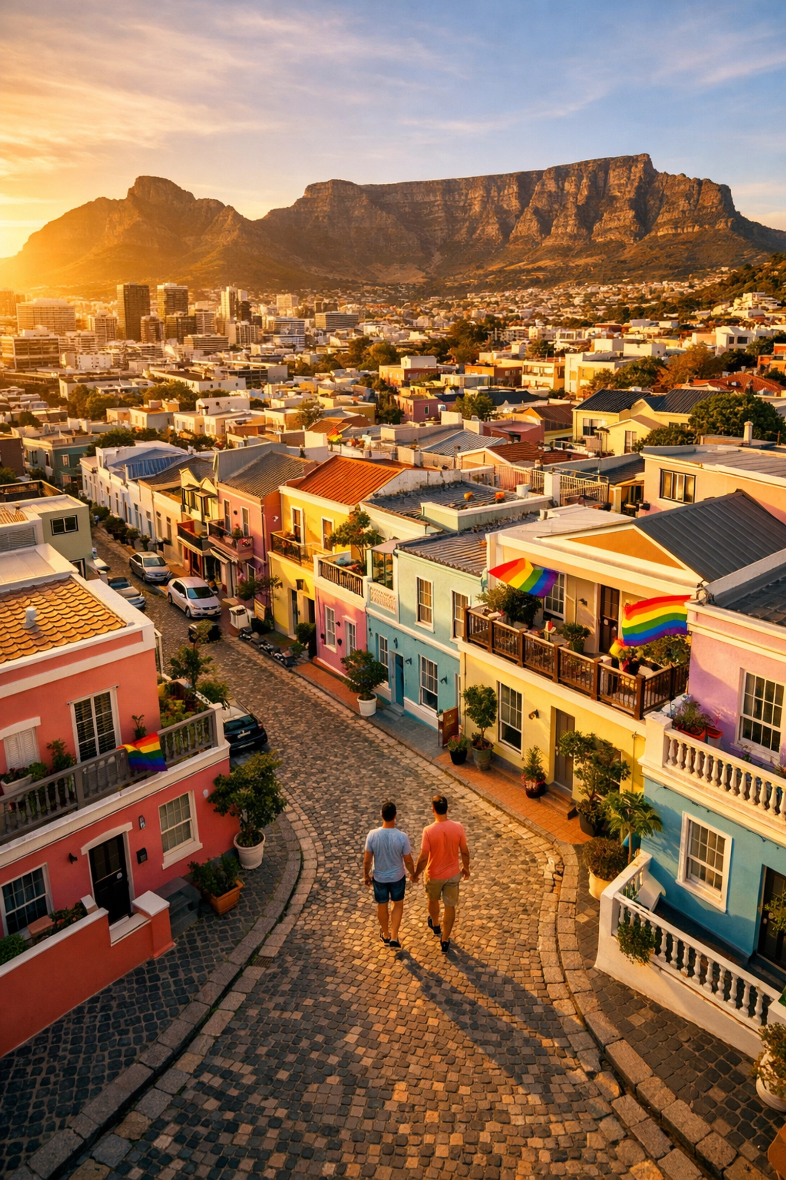 Gay couple walking hand in hand through De Waterkant, Cape Town's LGBTQ+ district at sunset