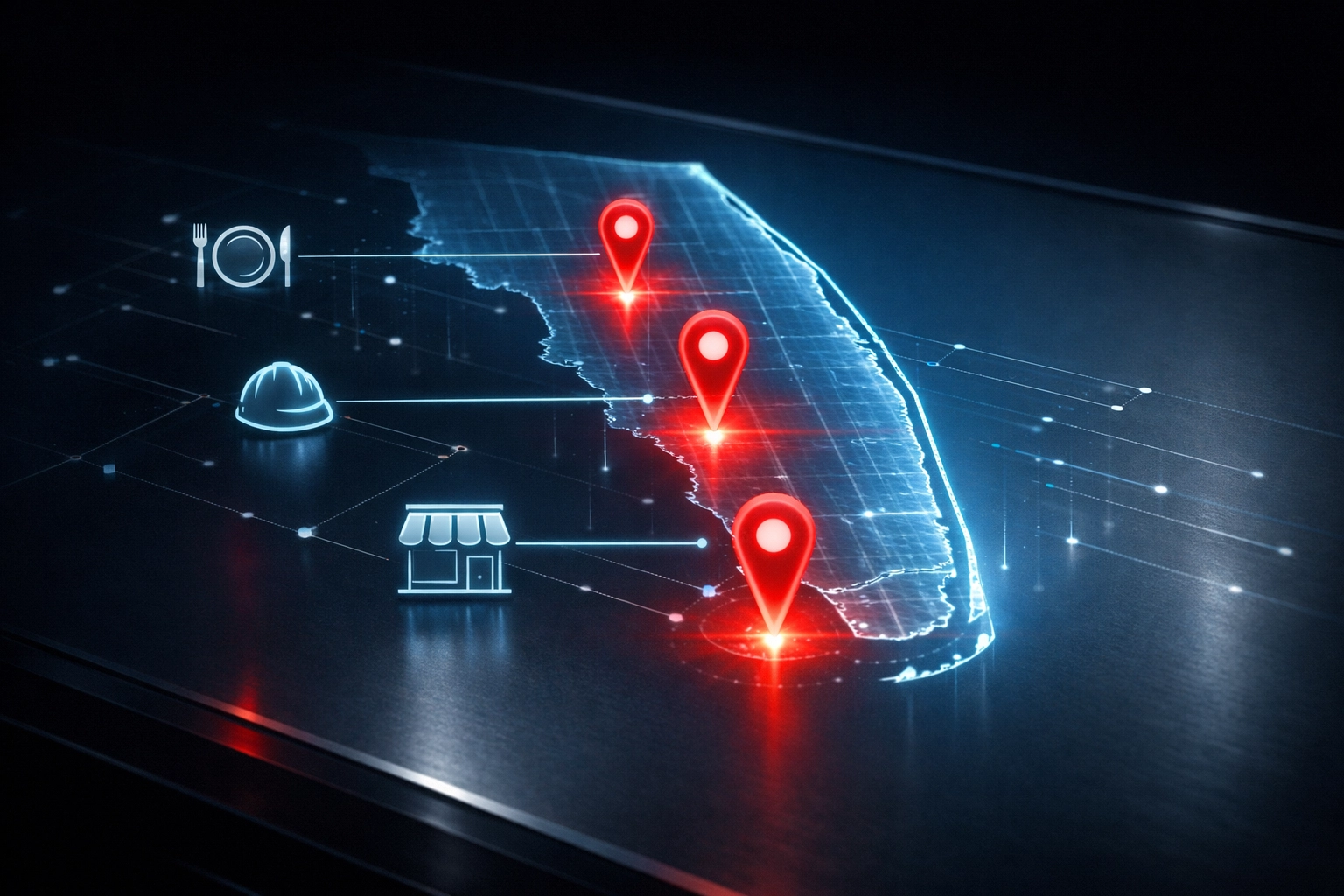 Digital hologram map of South Florida showing localized business data and industry-specific targeting.