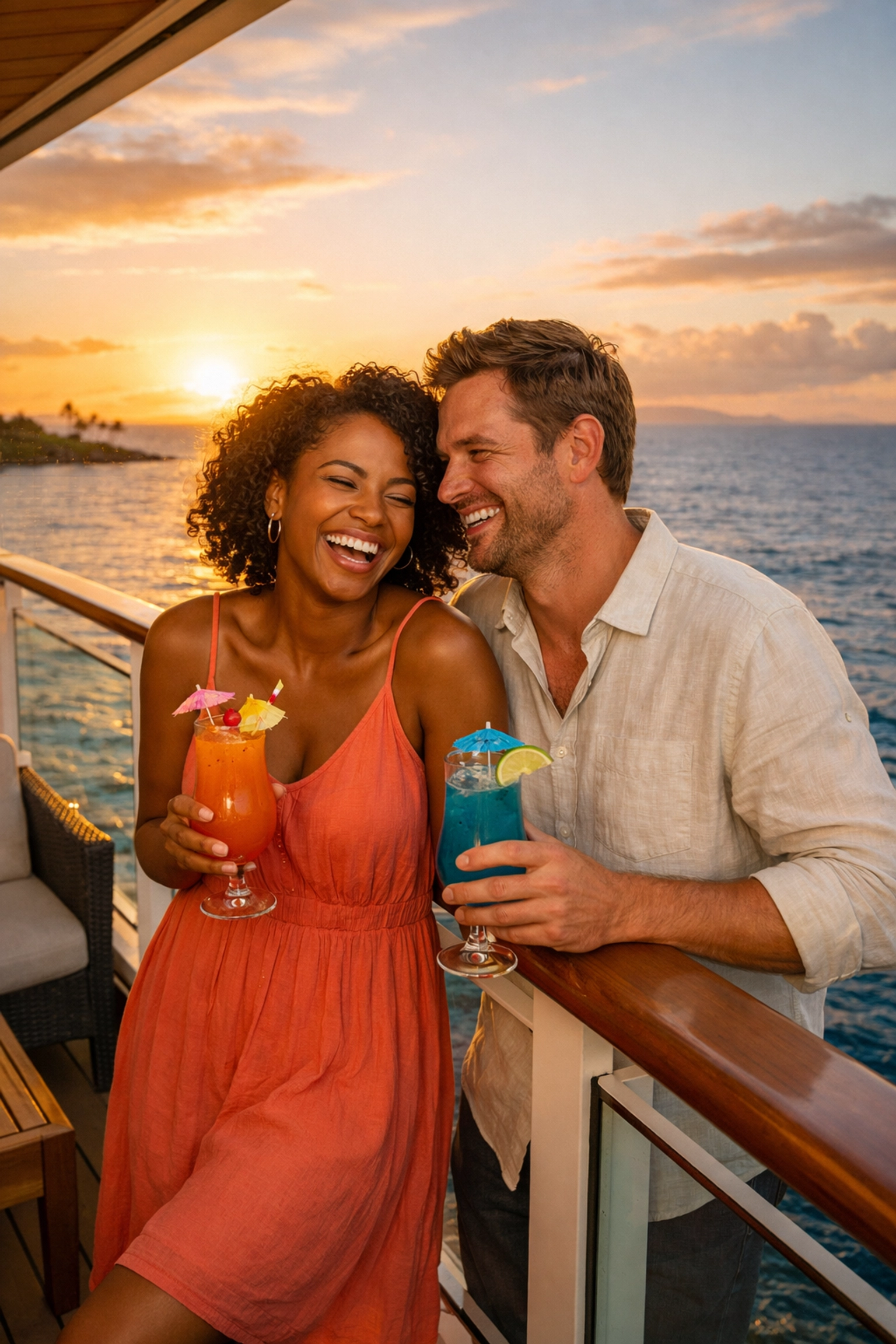Couple relaxing on cruise ship balcony at sunset with ocean views