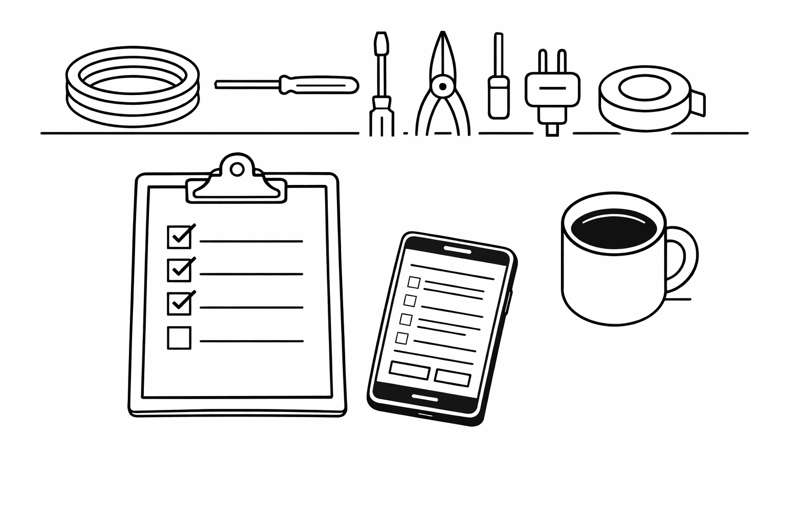 Electrical contractor workspace with organized checklists and digital workflow tools