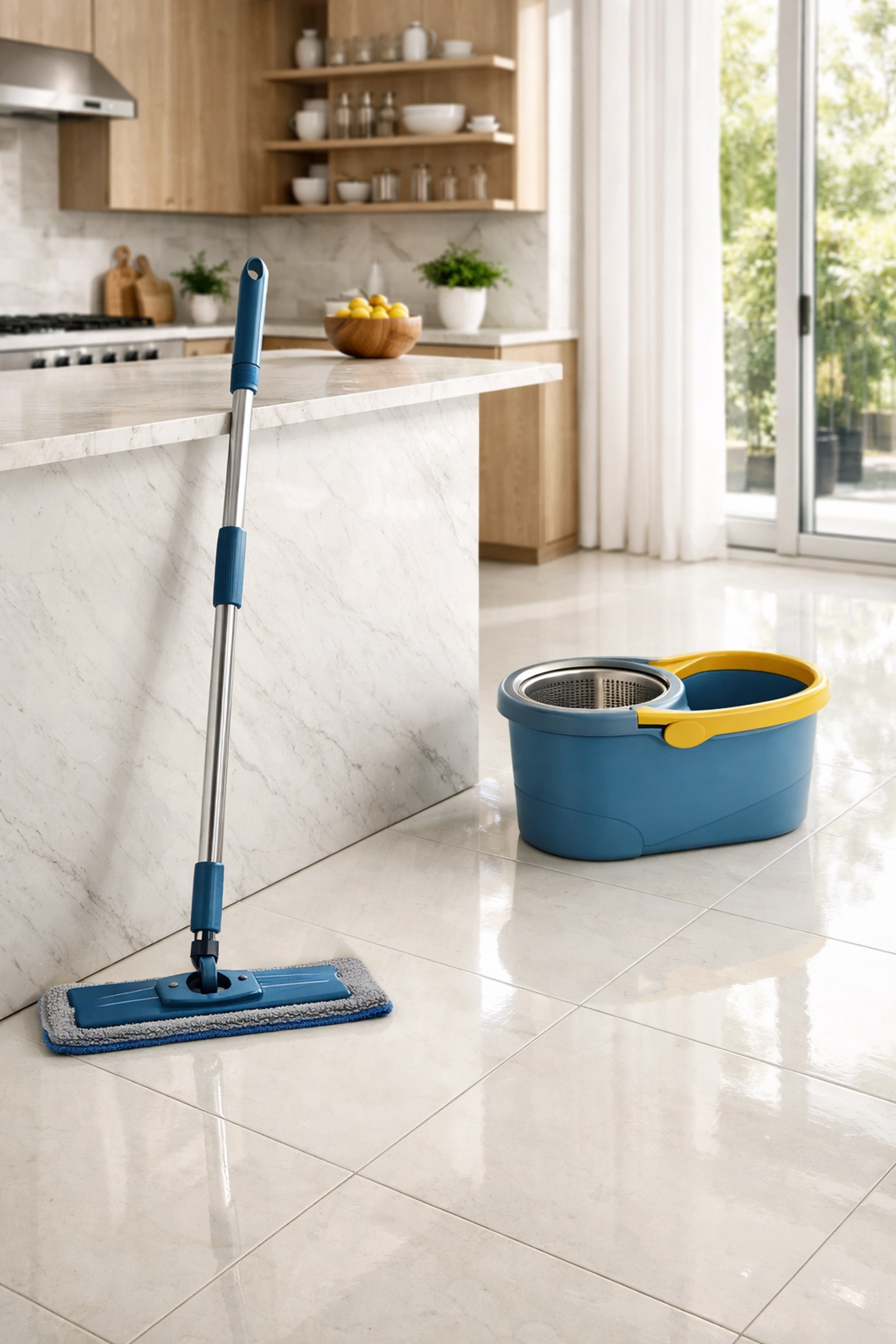 Microfiber mop and spin bucket on a clean white porcelain kitchen tile floor.