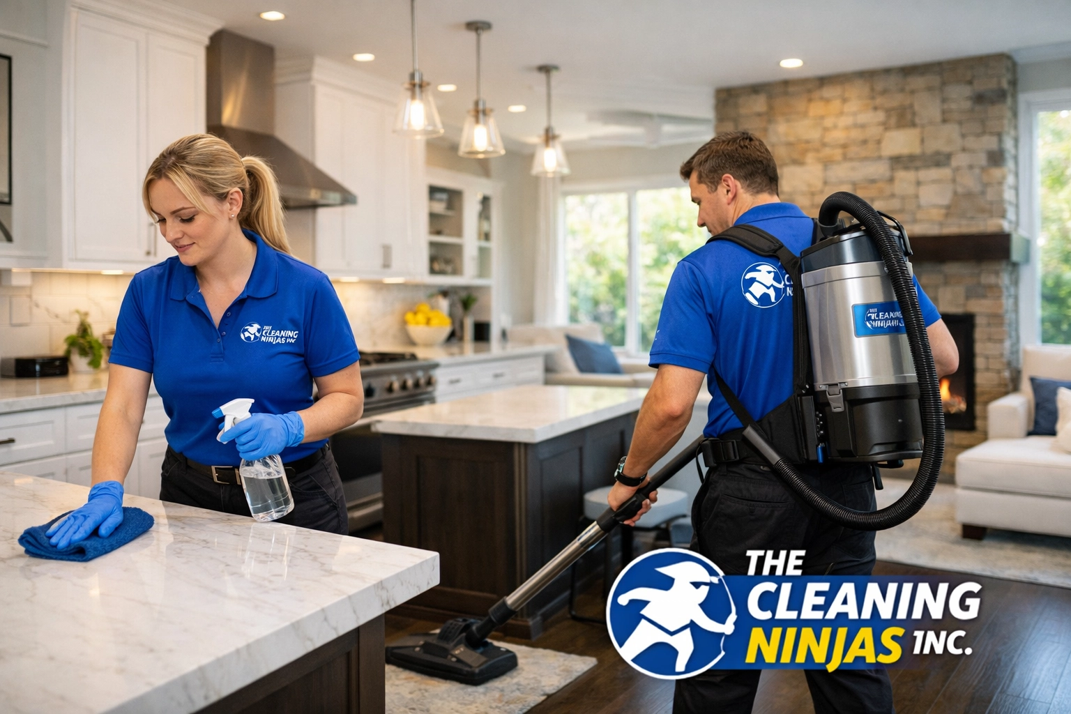 Professional cleaners in Fitchburg sanitizing a modern kitchen island with Ninja-like precision. A bright, clean modern living room in a Fitchburg home with a view of the local landscape, emphasizing professional cleaners in Fitchburg