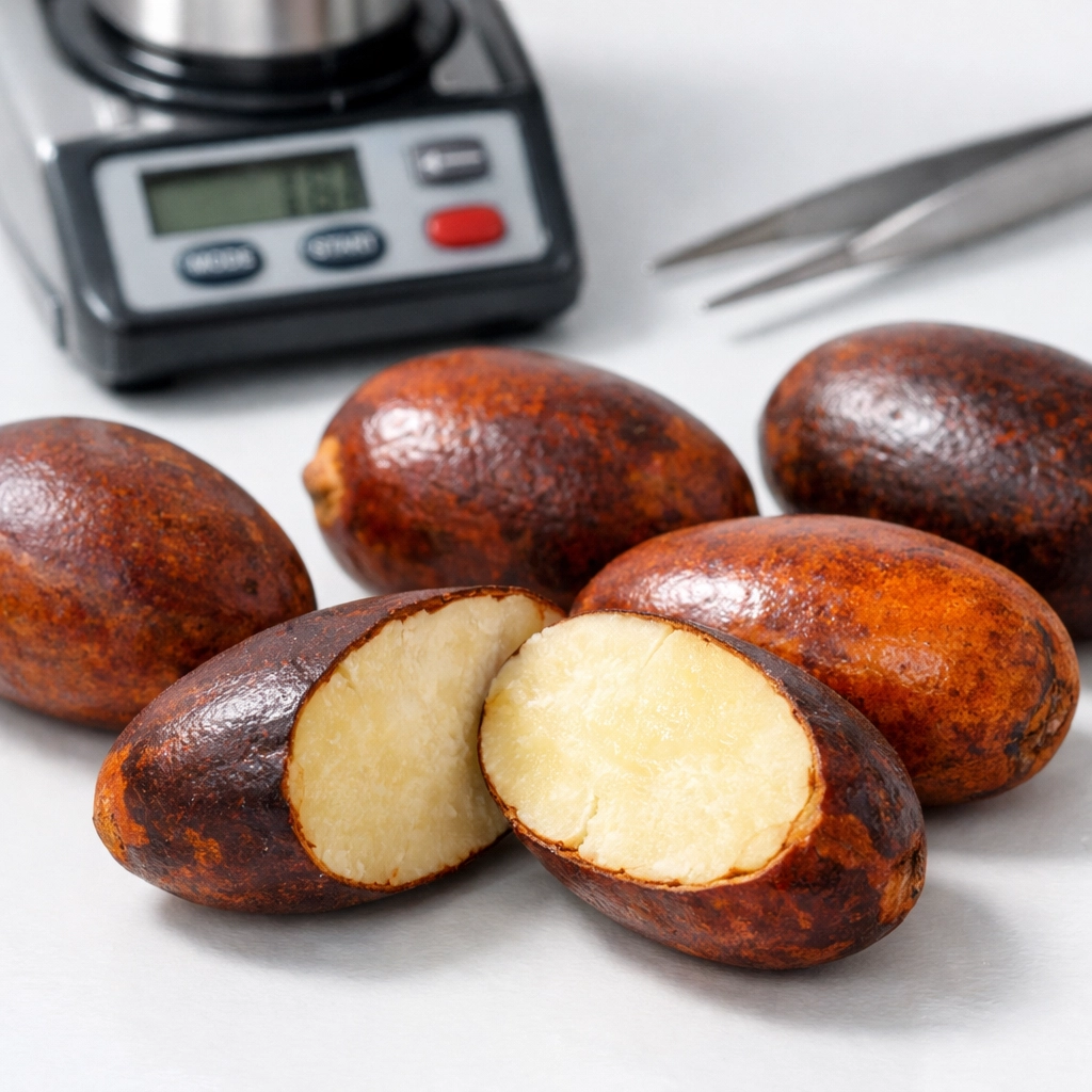 High-quality wholesale bitter kola Garcinia kola seeds showing moisture testing and quality control.
