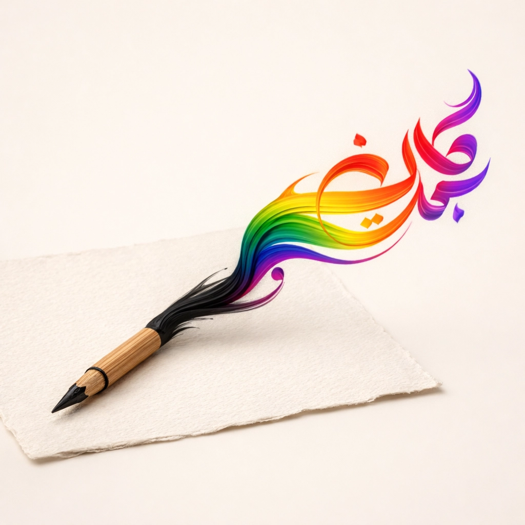 Traditional Urdu calligraphy pen with rainbow ink, symbolizing the fusion of Pakistani heritage and LGBTQ+ identity.