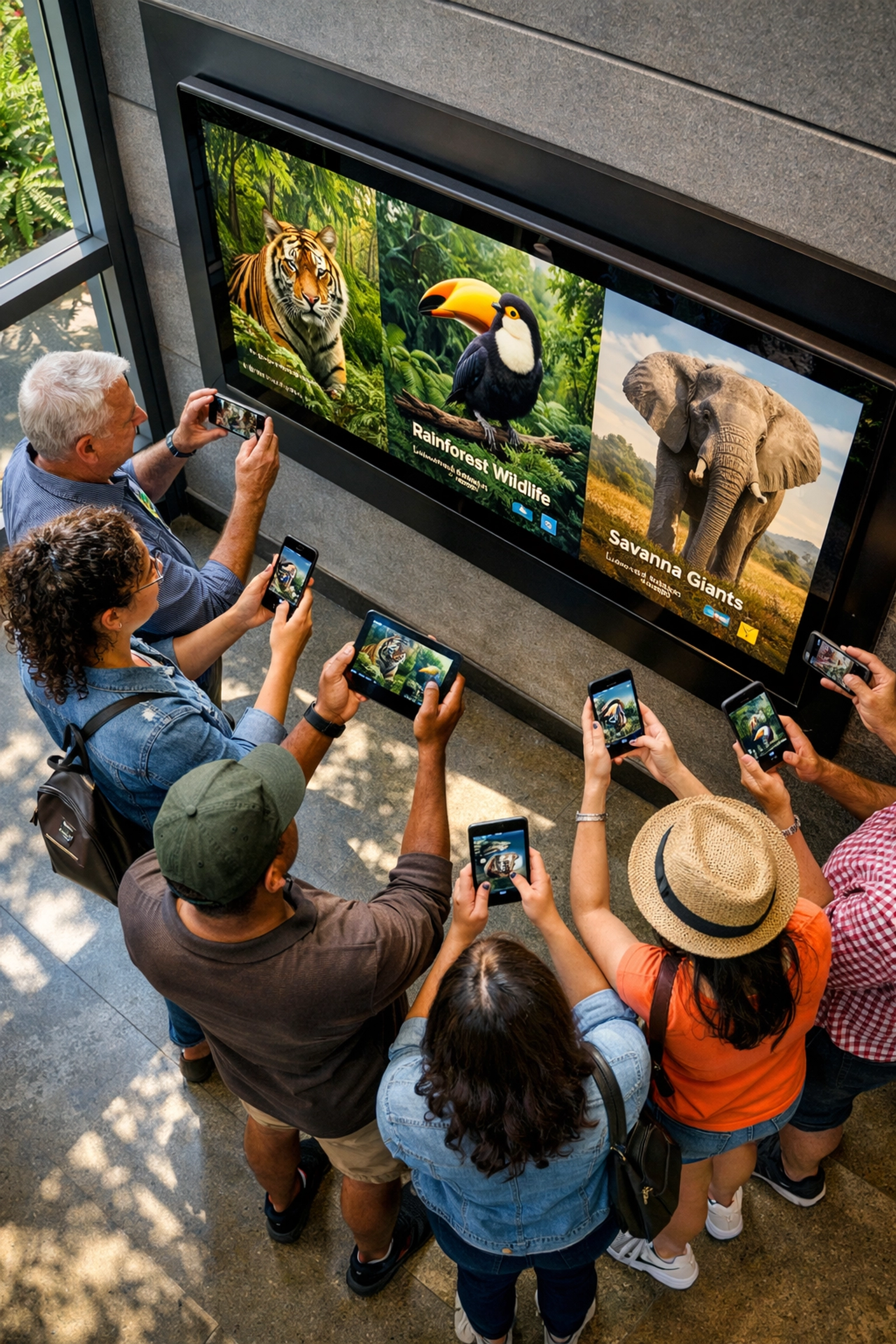 Zoo visitors engaging with digital wildlife content on interactive display