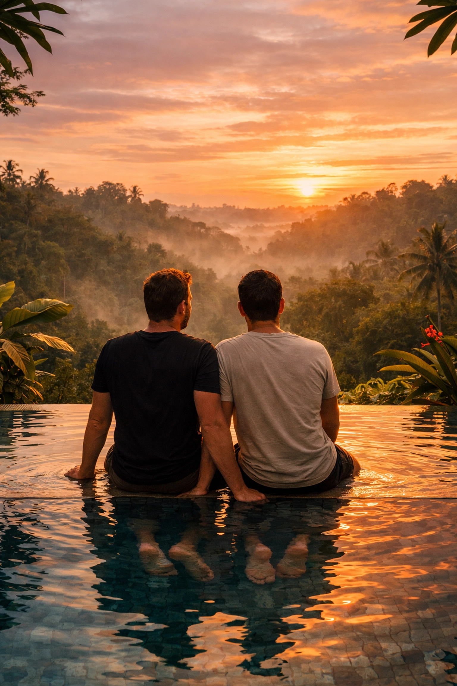 Gay couple enjoying sunset at Ubud infinity pool overlooking jungle during Bali honeymoon