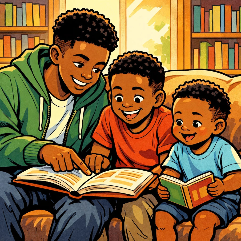 Three generations of Black males reading books together on couch