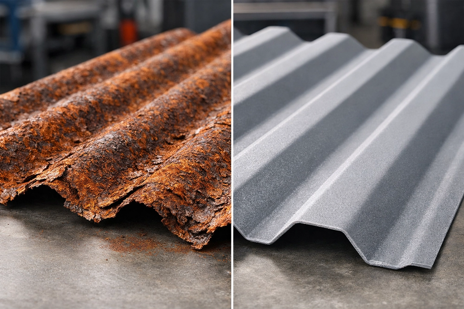 Side-by-side comparison of a rusted metal roof panel and a new, corrosion-resistant FRP fiberglass panel.