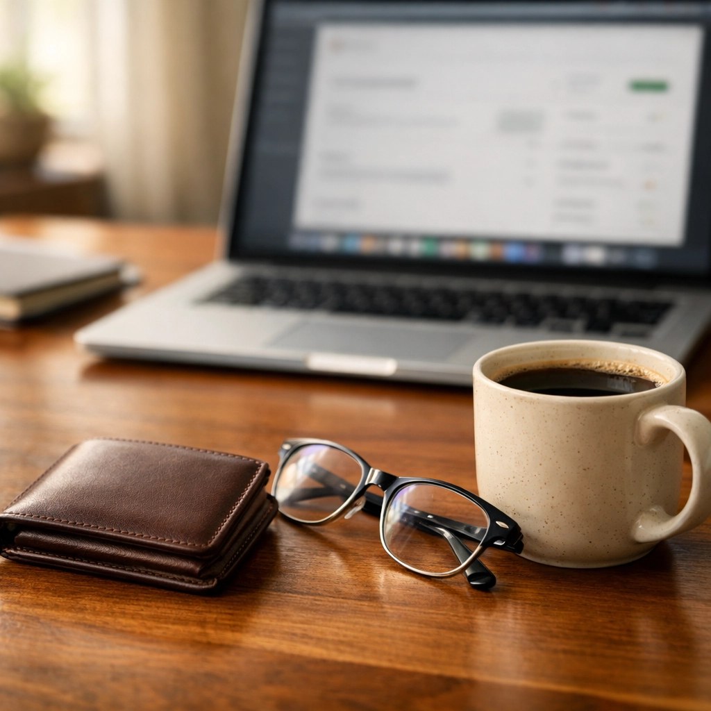 Close-up of a wallet and laptop representing financial preparation for a bad credit loan in Canada.