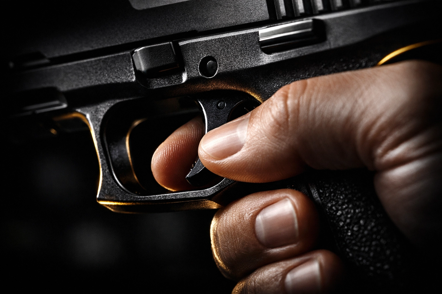 A shooter's finger demonstrates a precise trigger press during an NYC pistol permit training course.