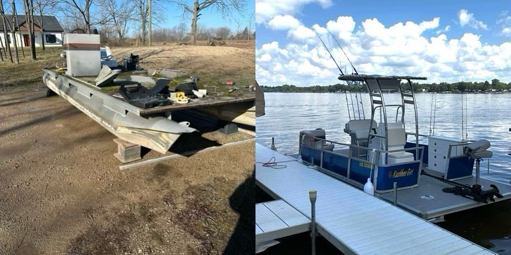 Side-by-side comparison of a pontoon boat restoration project