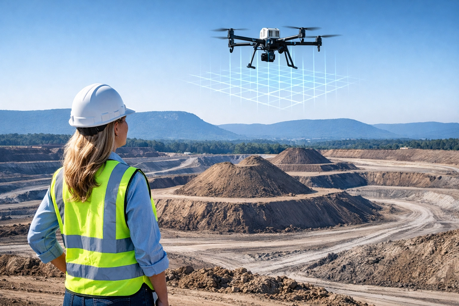 Construction engineer monitoring site grading while a drone performs aerial surveying for cut fill data.