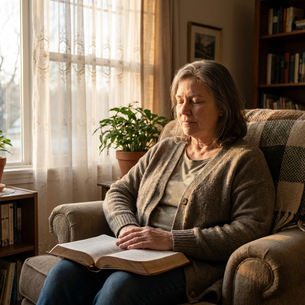 Middle-aged woman sitting by a sunlit window, eyes closed in prayer with an open Bible, reflecting spiritual exhaustion and hope.