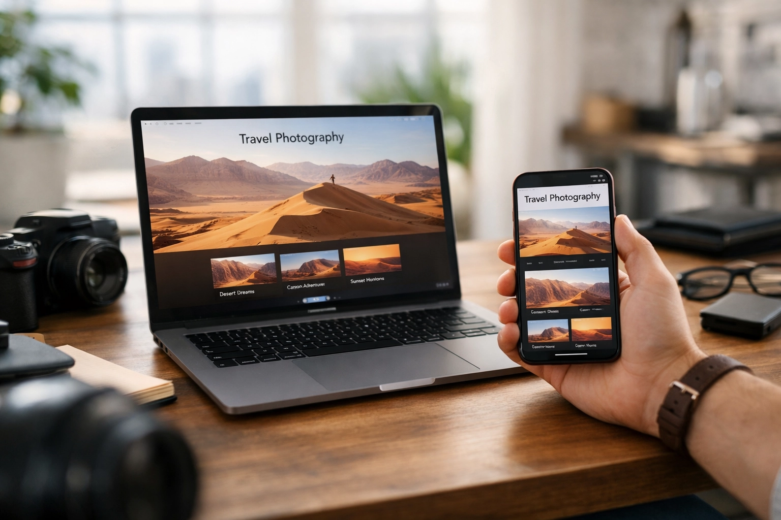 7 Mistakes You're Making with High-Res Image Files (and How Pixel-Shrink.com Fixes Them) 1 Photographer checking portfolio site speed on a laptop and phone to ensure fast high-res image loading.
