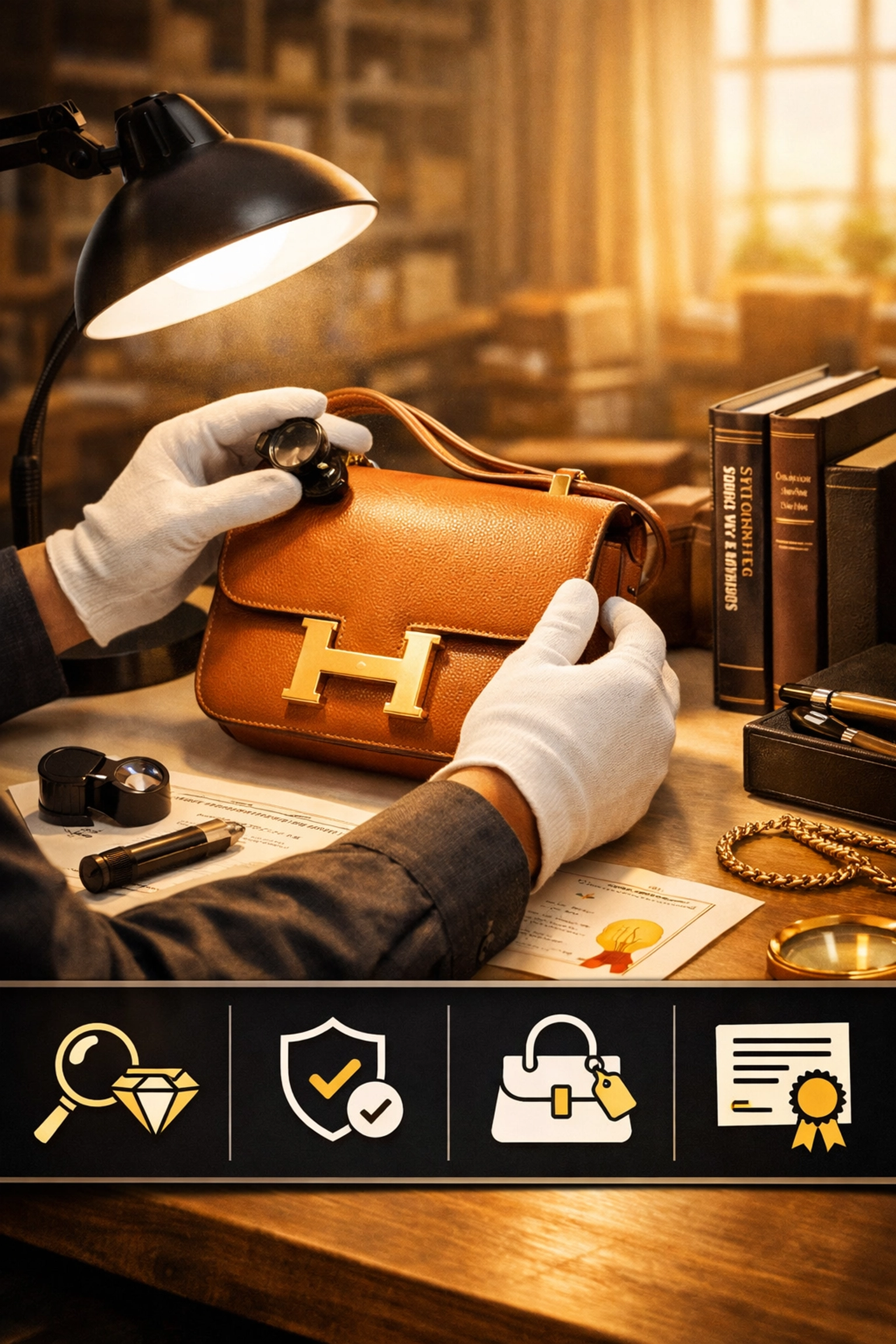 Professional appraiser authenticating designer handbag at Buckeye Downsizing warehouse