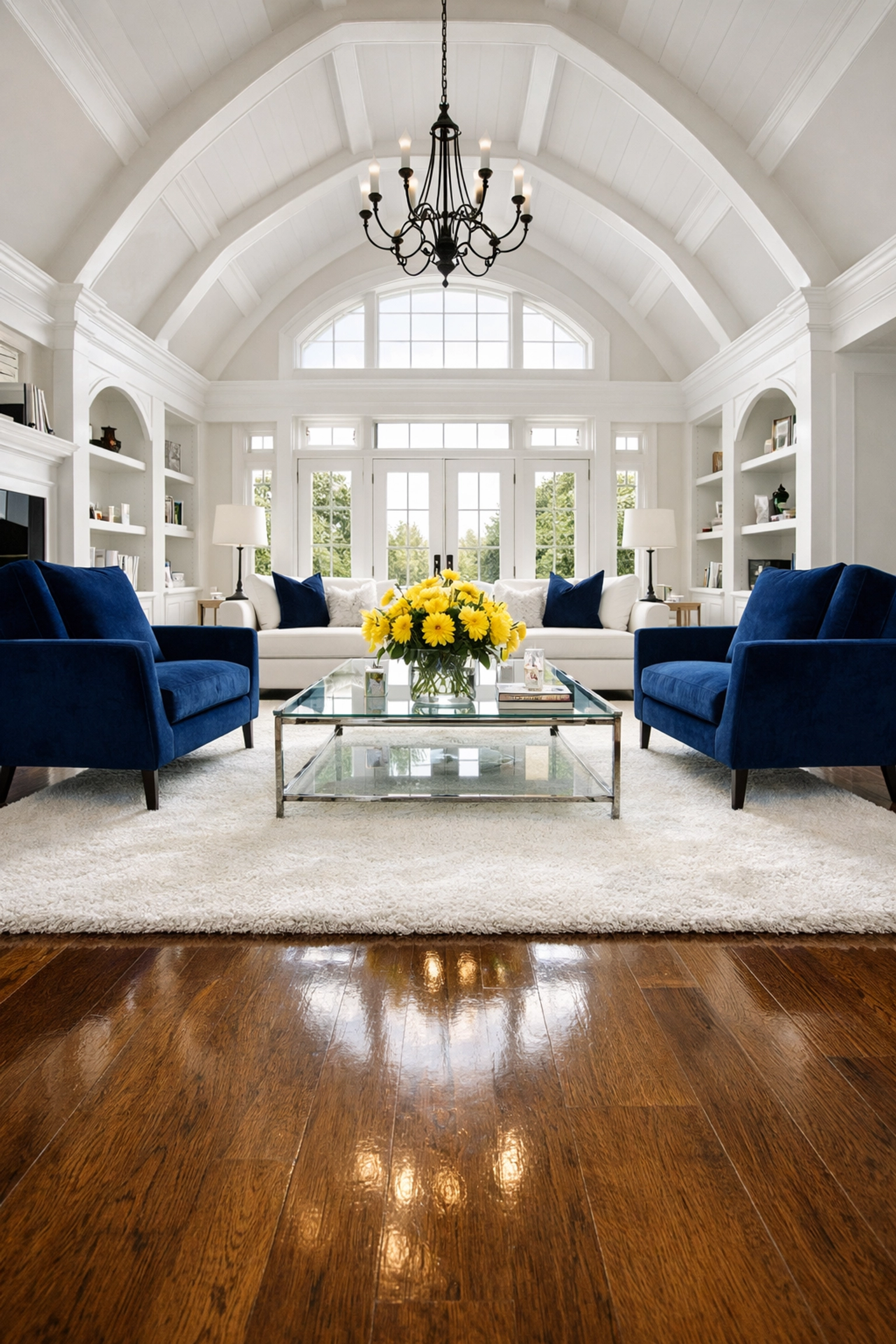 Spotless luxury living room in a Dover estate showcasing expert residential cleaning Massachusetts.