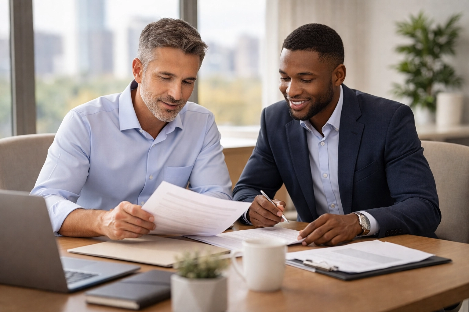 Business owner consulting with insurance advisor in Texas office about customizing Business Owners Policy coverage