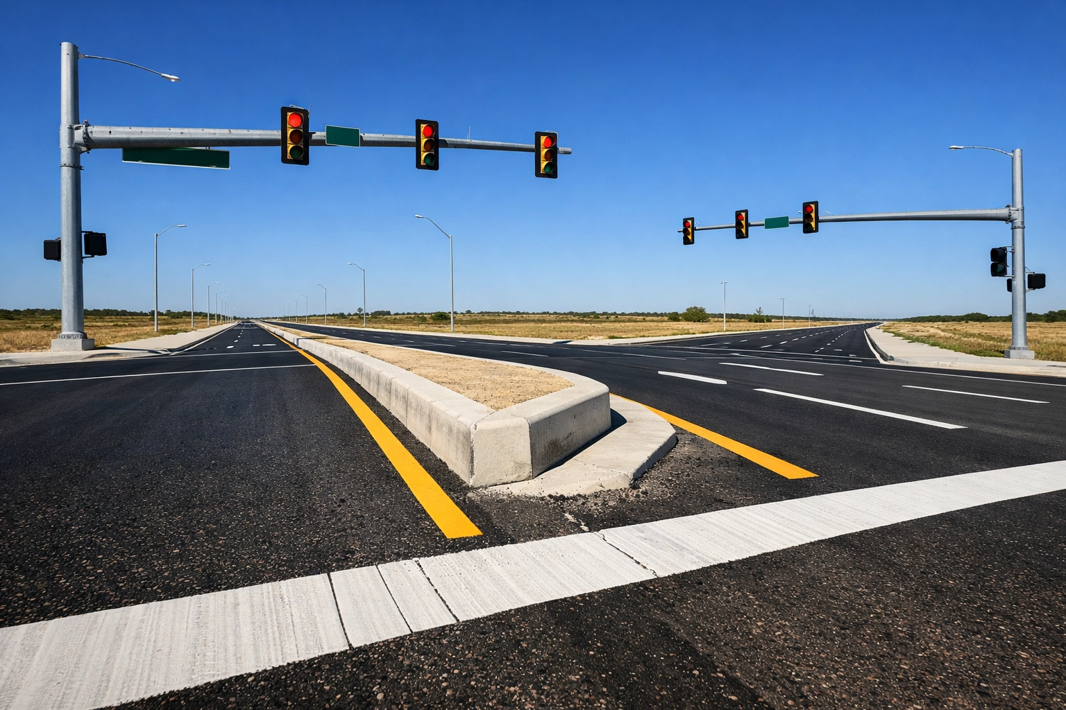 New signalized intersection with median in North Texas ready for commercial development
