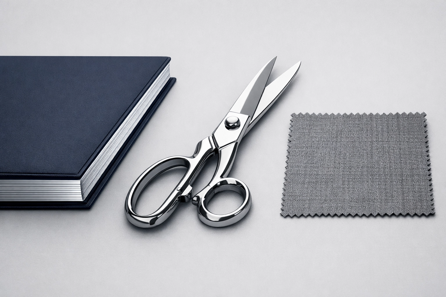 Professional tailor shears and portfolio symbolizing fashion business consulting and strategic textile design.