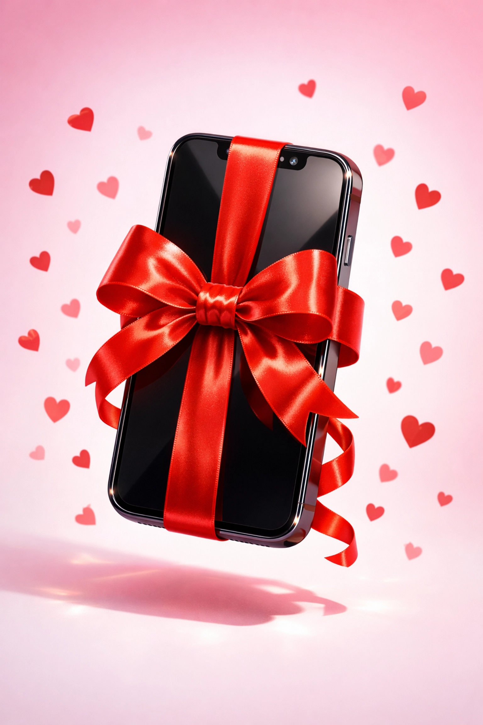 Mobile phone wrapped as Valentine's gift with red ribbon and heart confetti
