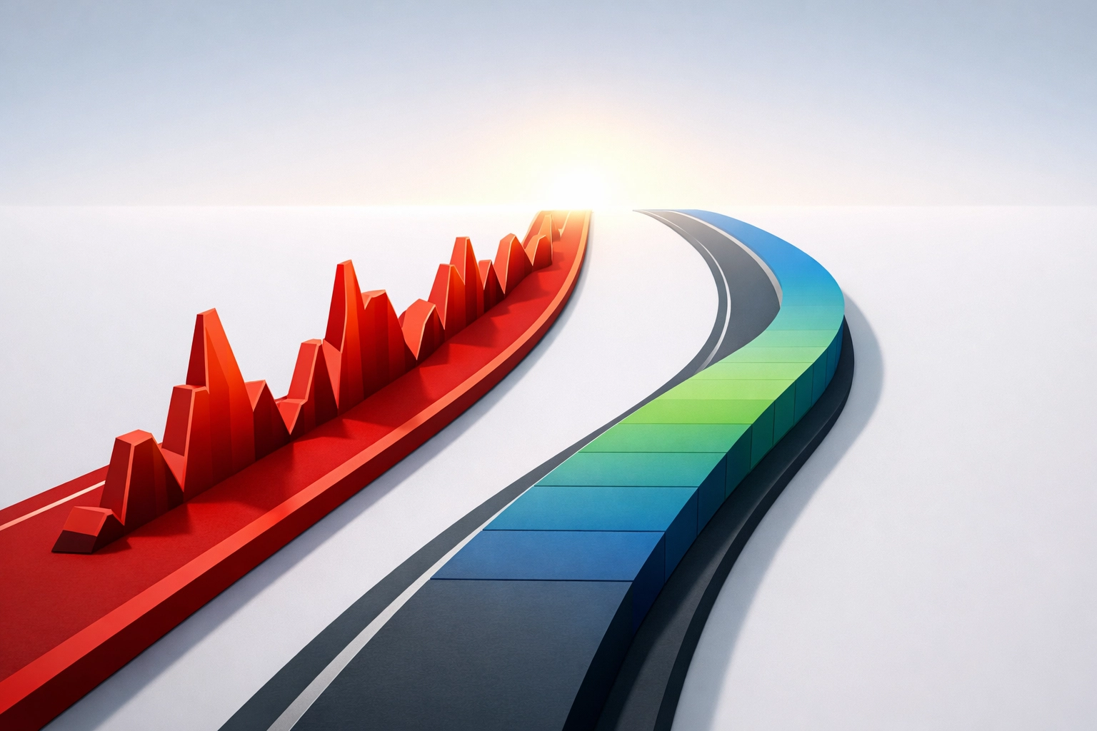 Contrasting pathways showing volatile markets versus stable alternative investment returns