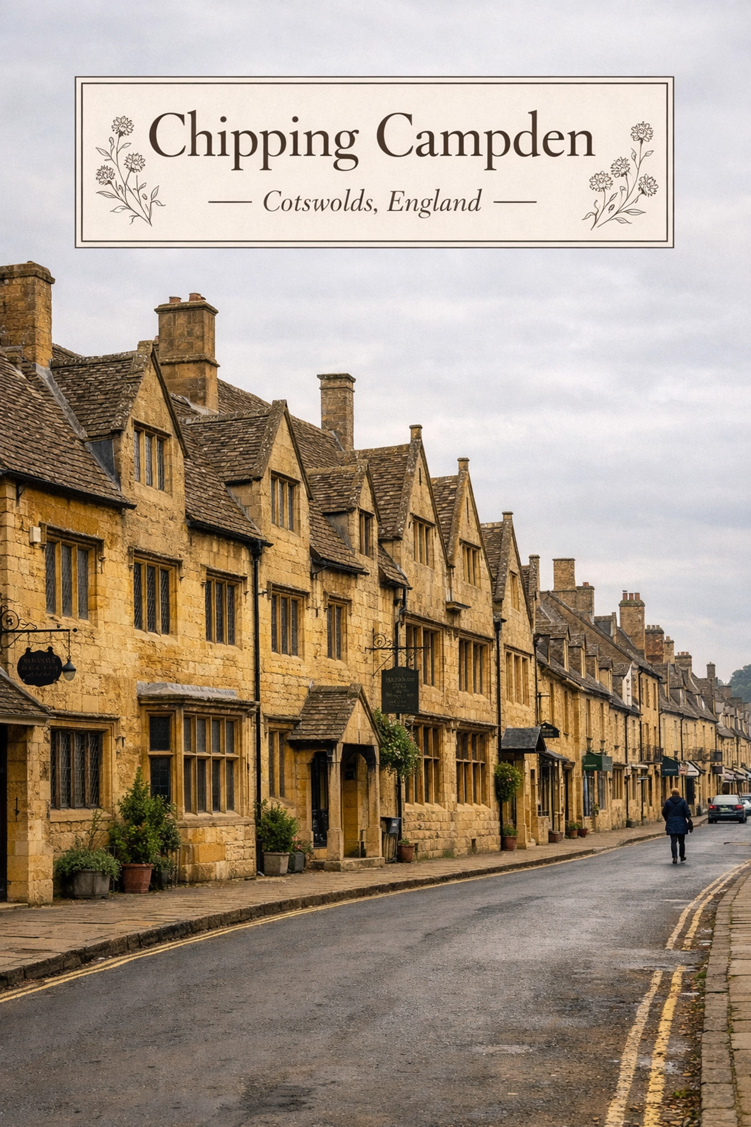 Traditional honey-coloured Cotswold stone architecture and medieval wool windows on Chipping Campden High Street.