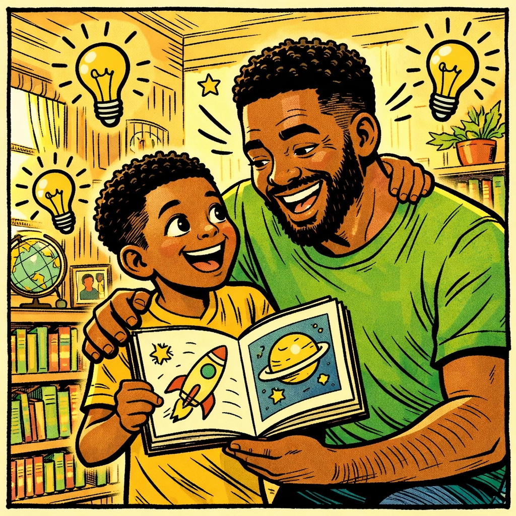 A Black father and son bonding over a book in their home library, building a legacy of literacy with CRC.