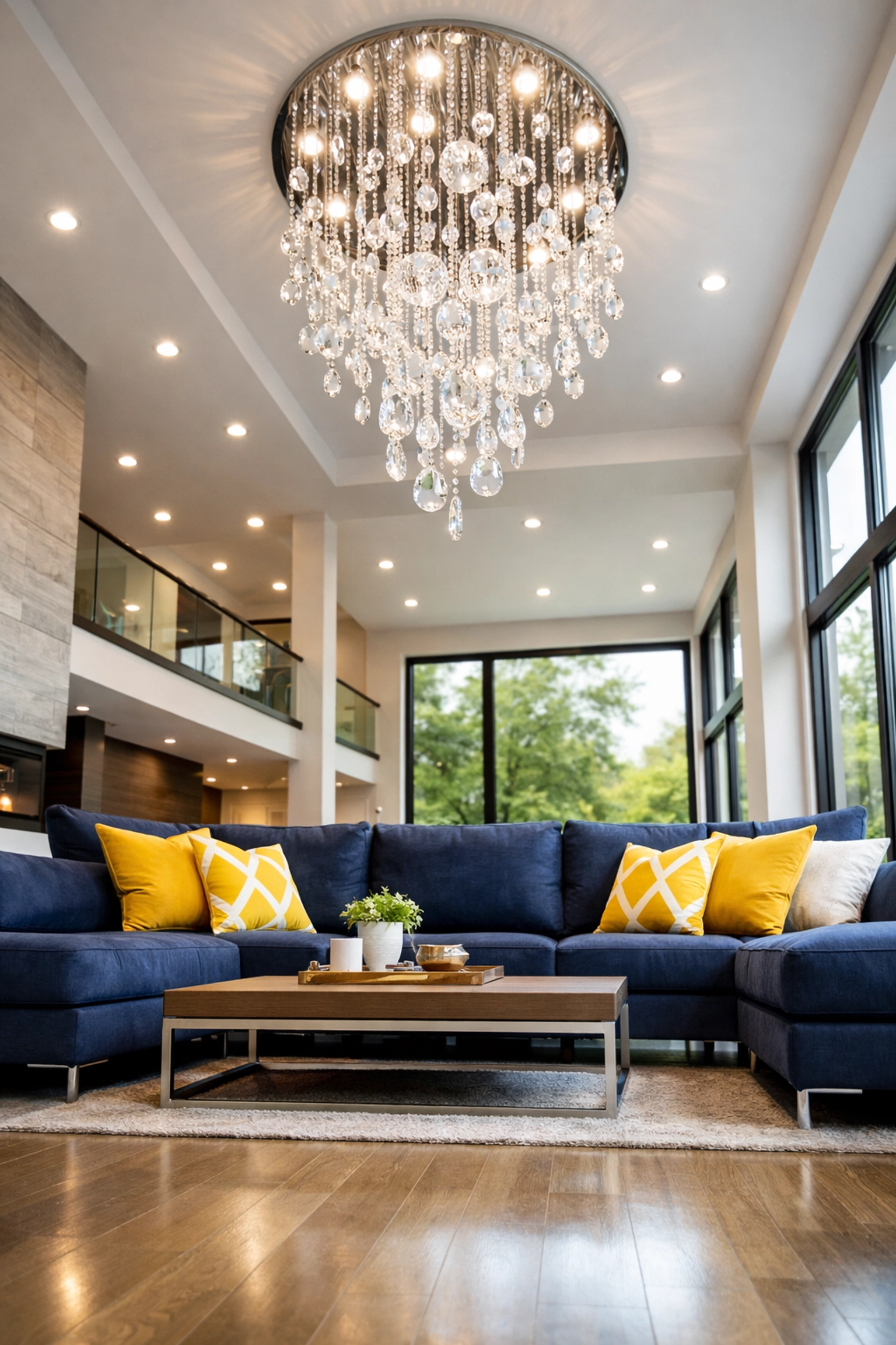Dust-free luxury living room with a sparkling chandelier provided by professional cleaners Massachusetts.